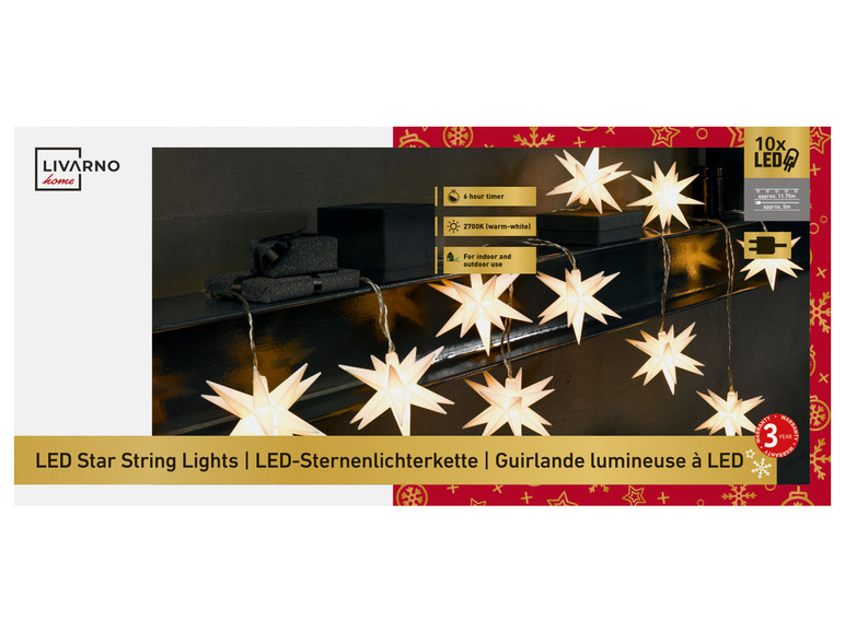 LIVARNO home Svetelná LED reťaz s 3D svietiacimi hviezdami (biela) LIVARNO home